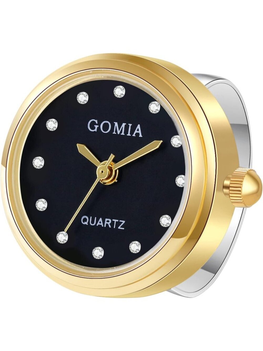 Unisex Black Gold Quartz Roman Numeral Adjustable Open Band Finger Ring Watch